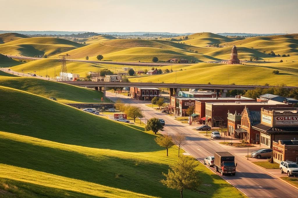 Historic downtown and rolling hills in southern Oklahoma