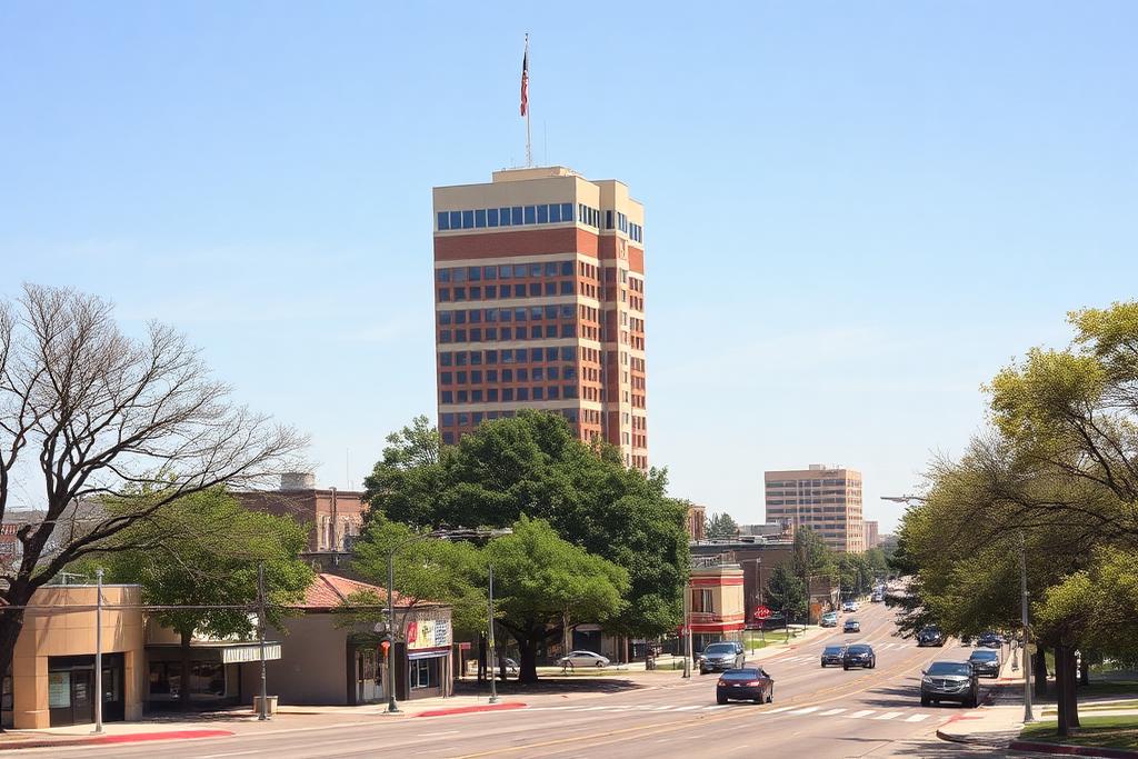 Mid-century office tower and downtown streets in northeastern Oklahoma