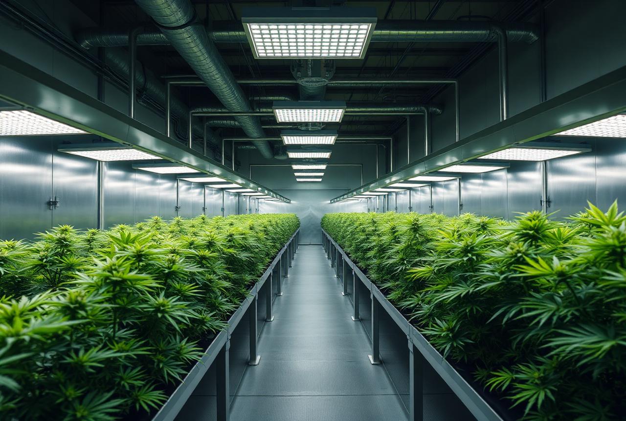 Commercial cannabis cultivation room with mature plants under production lighting