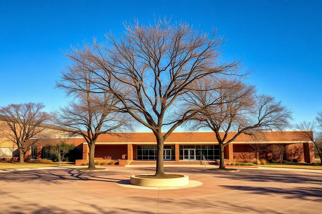 Suburban civic plaza and brick building in central Oklahoma